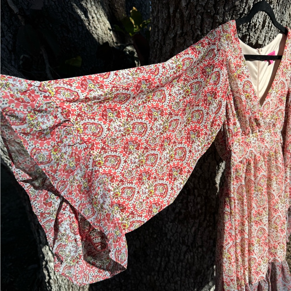 Betsey Johnson-Cream and coral bell sleeve boho dress with back tie.Size 8 - Picture 2 of 6